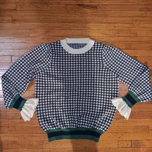 Checkered Crew Neck Sweater with Green Accents